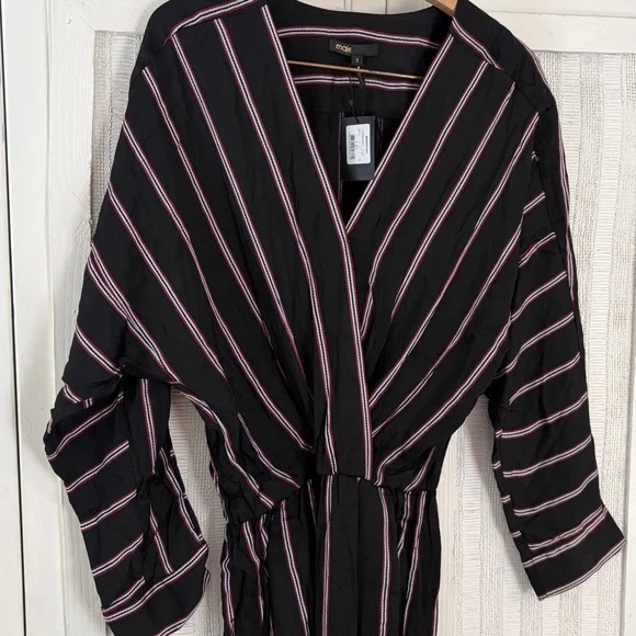 Maje Striped Black Red Pandomi V-Neck Wrap Woven Jumpsuit Surplice Pocket Medium - Picture 5 of 9